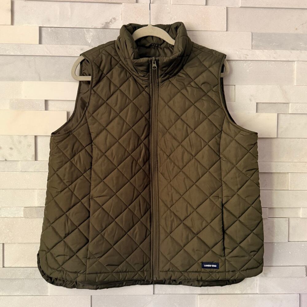 LANDS END NWOT Full Zip Stand Collar Diamond Quilt Puffer Vest XLP Olive Green